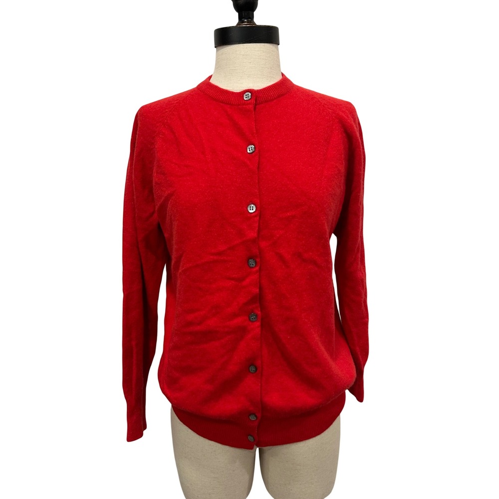 Snow Lotus Red 100% Cashmere Button Front Crew Neck Cardigan Sweater Womens